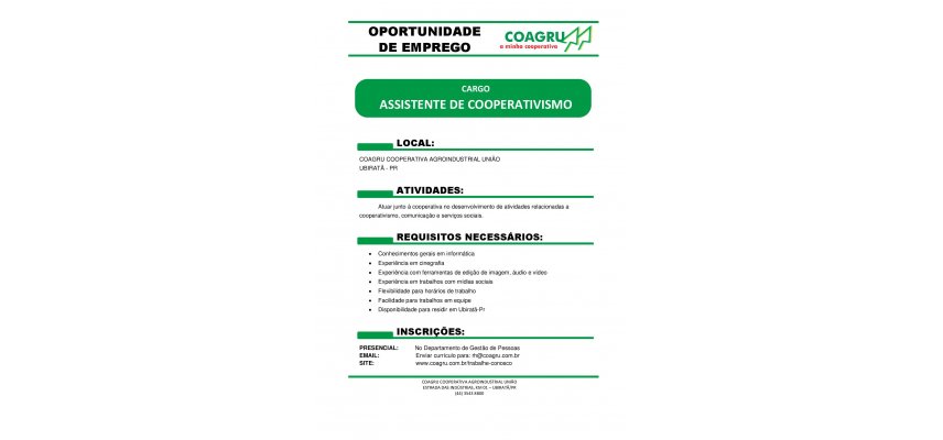 Coagru tem vaga de emprego